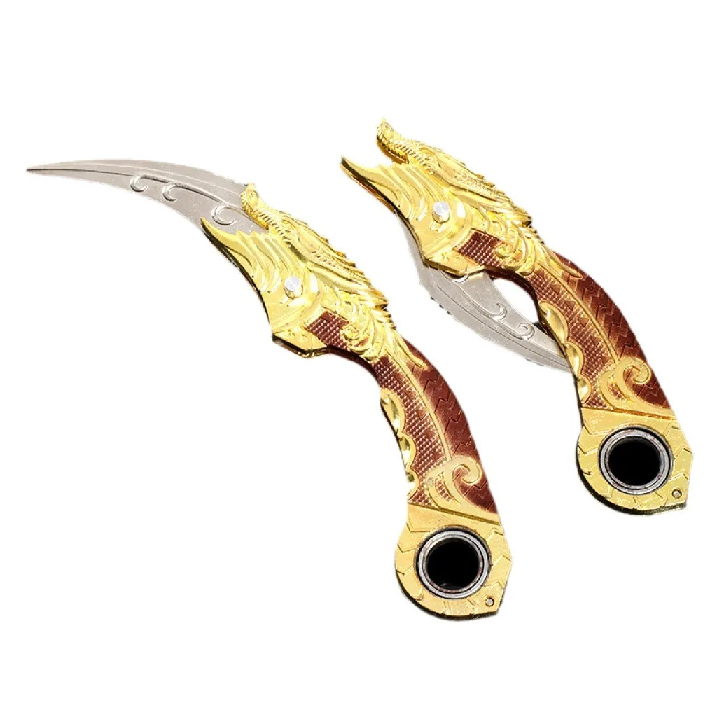 20cm7.9in Dragon Karambit Obrotowy składany metalowy model Dark Moon Podwójne ciernie Pazur Nóż Złoty Smok Broń Zabawka Chłopiec Prezent