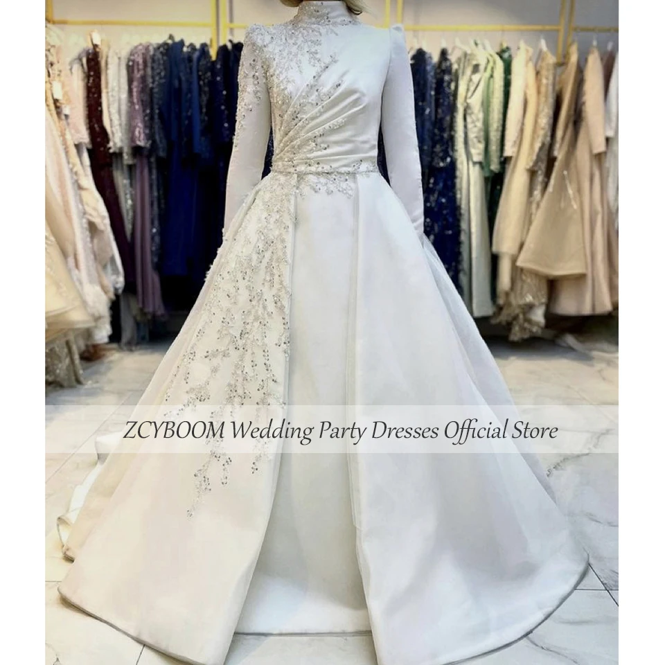 فستان زفاف مسلم برقبة عالية مزين بالترتر وأكمام طويلة 2025 على شكل حرف a طول الأرض سويب تراين وصمة عار فستان زفاف رائع