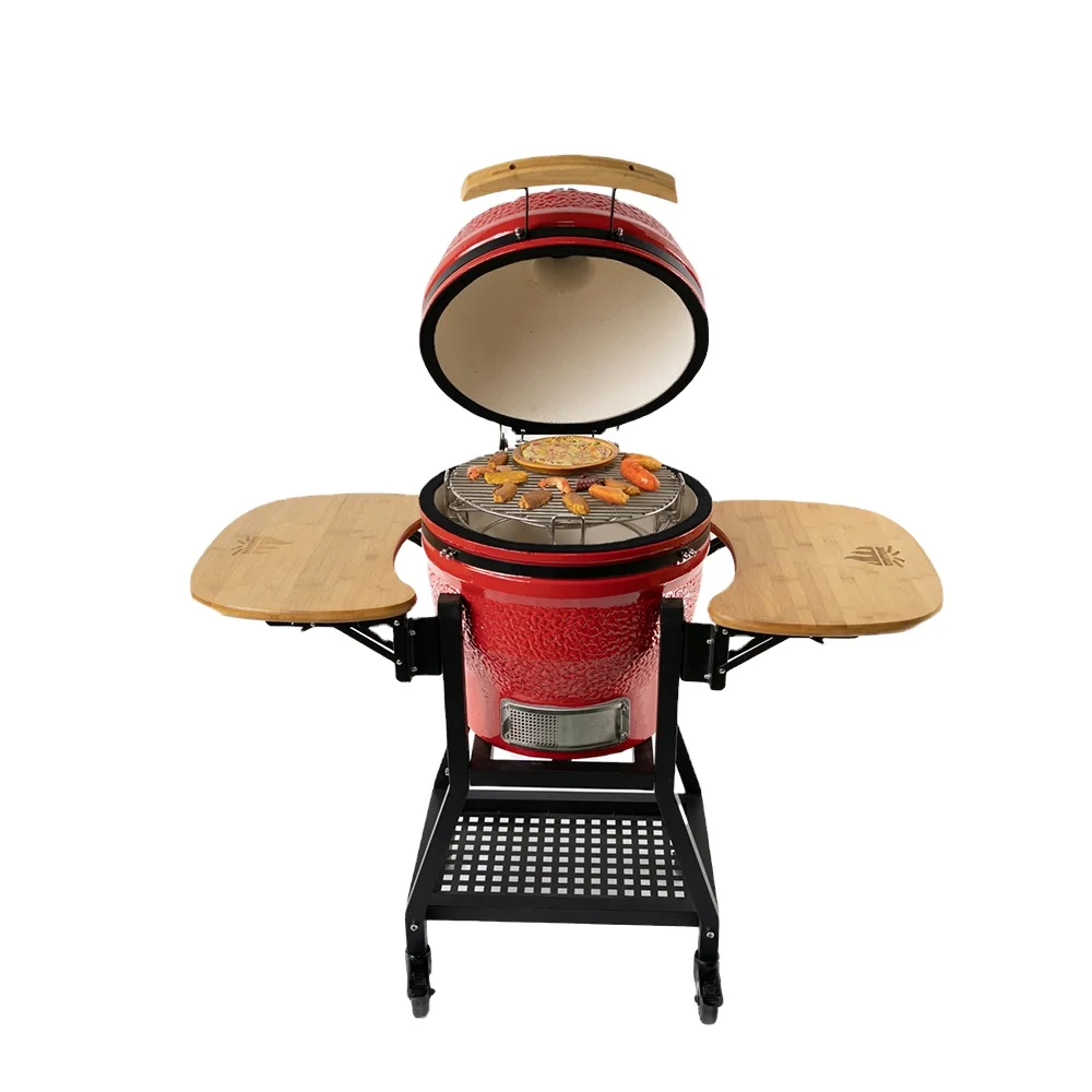 18inch KIMSTONE KimBer Series Modern Ceramic Kamado Grill Porcelain Enamel Finish Square Tube Cast Iron Stands Trolley for