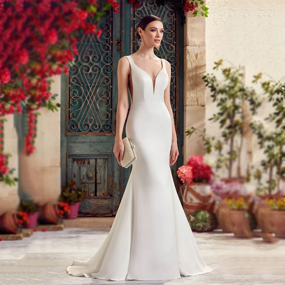 

Elegant Crepe Bridal Dress Mermaid Backless Wedding Dresses 2026 Deep V Neck Button Wedding Gowns for Brides Customized