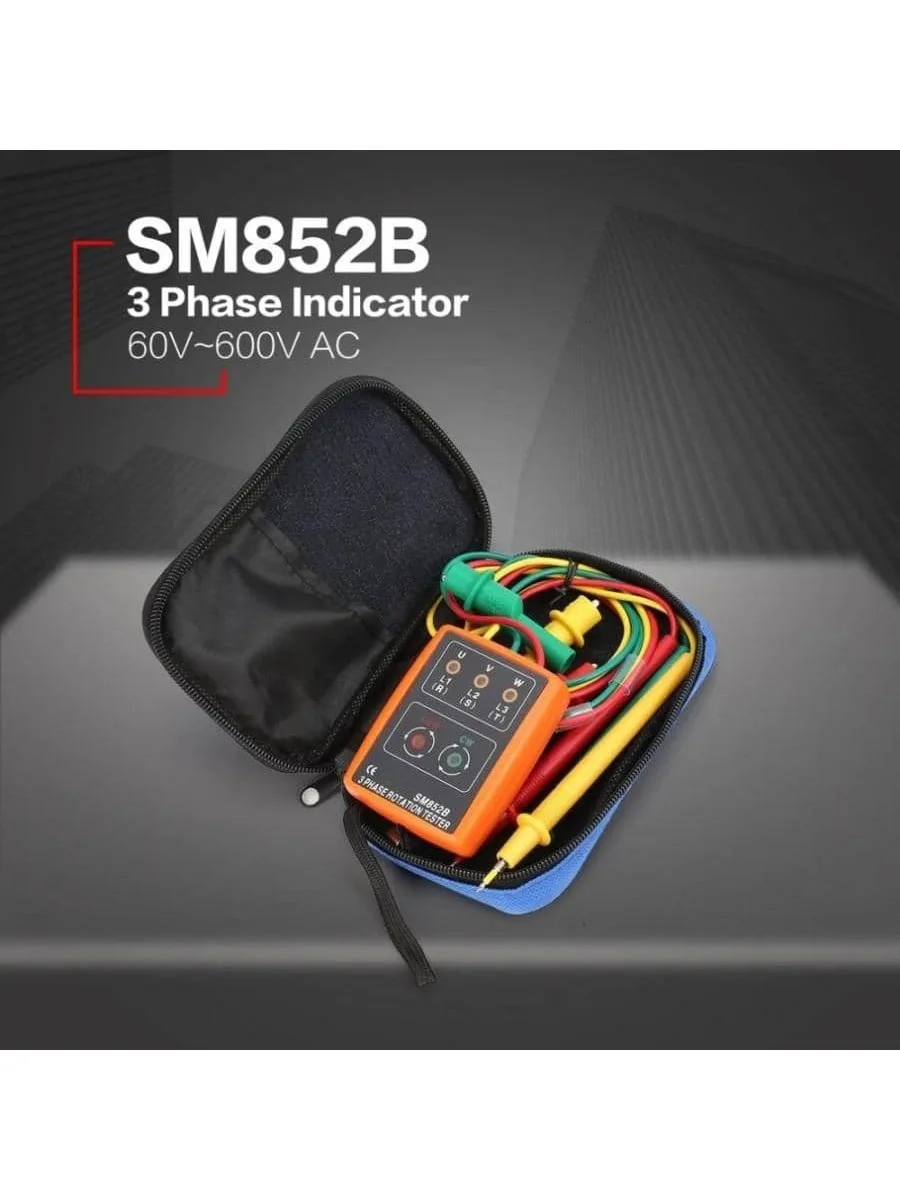 SM852B 3 Phase Rotation Tester Digital Phase Indicator Detector LED Buzzer Phase Sequence Meter Voltage Tester 60V~600V ACSM852B