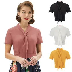 BP Women's Shirts Fashion Cropped Tops Retro Solid Short Sleeve Slim Fit Blouse Roll Collar Button Down Placket With Bow Tie