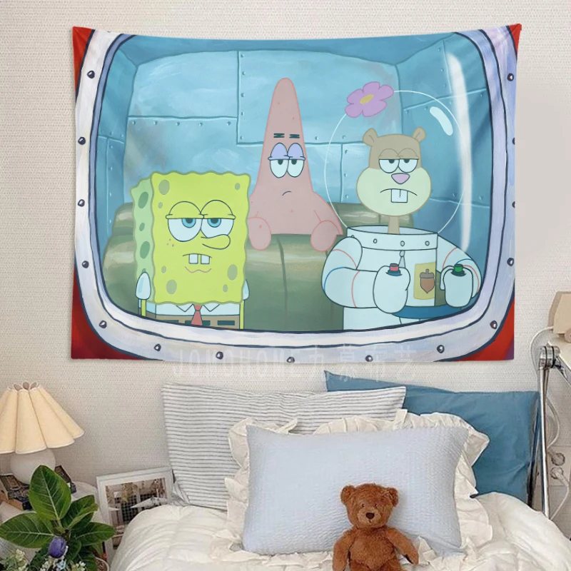 Tapiz de Bob Esponja para decoración de dormitorio, pinturas colgantes de pulpo y hermano, tela para revestimiento de pared