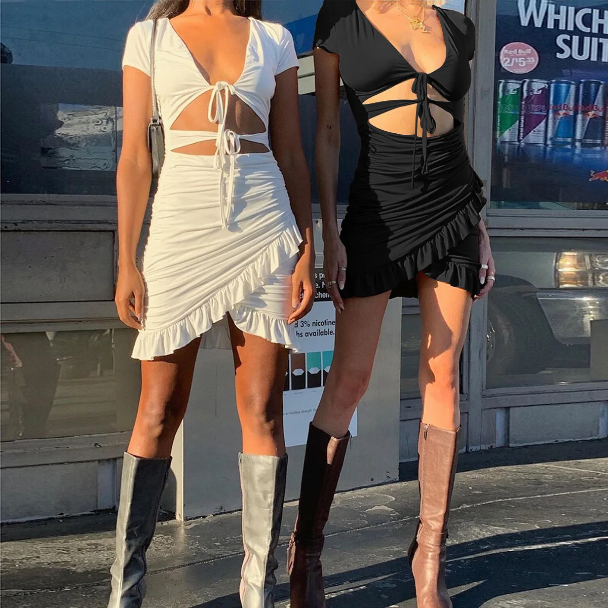 

2025 Women's Deep V-neck Hollow Lotus Leaf Edge Wrapped Buttocks Sexy Dress Fashion 2025 Summer Dress Robe Vestido Women Elegant