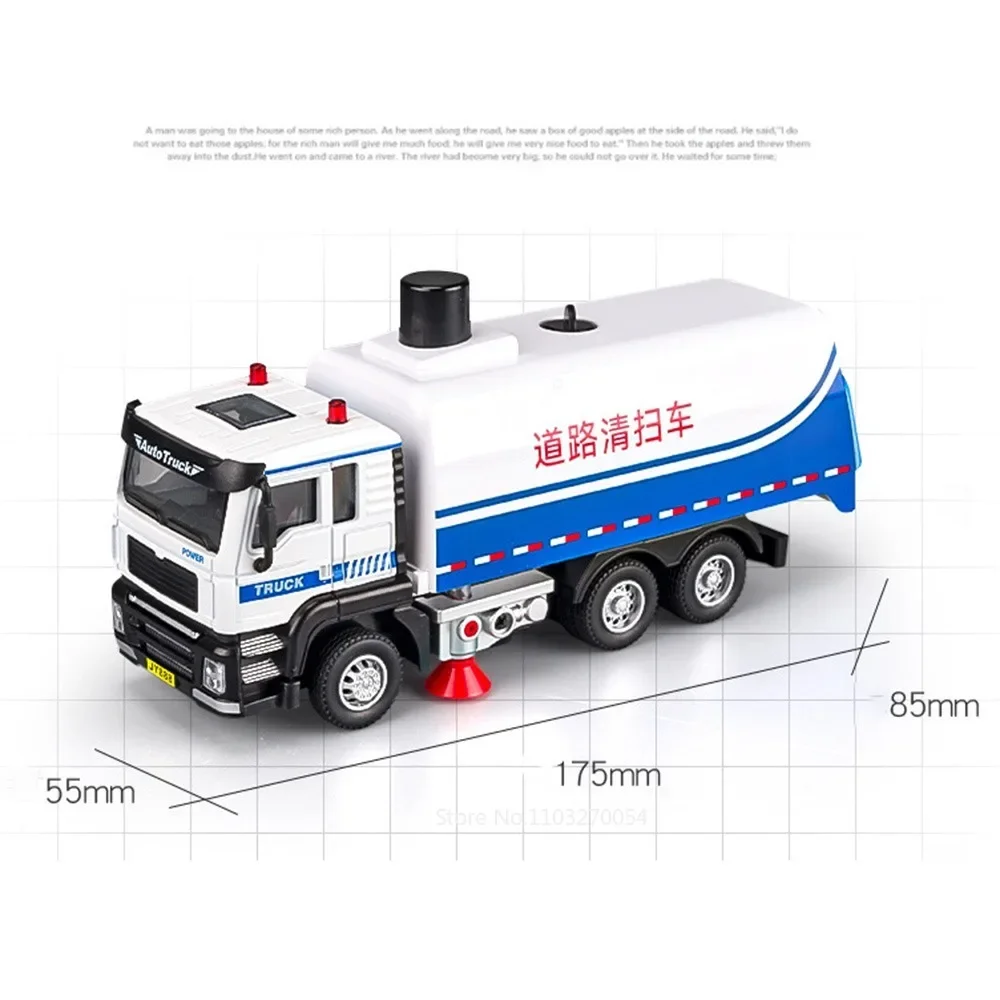 1/50 Road Sweeper Model Car Toys Diecast Alloy Truck Alloy Front End Sound Light Pull Back Rubber Tire Toy Birthday Gift for Kid