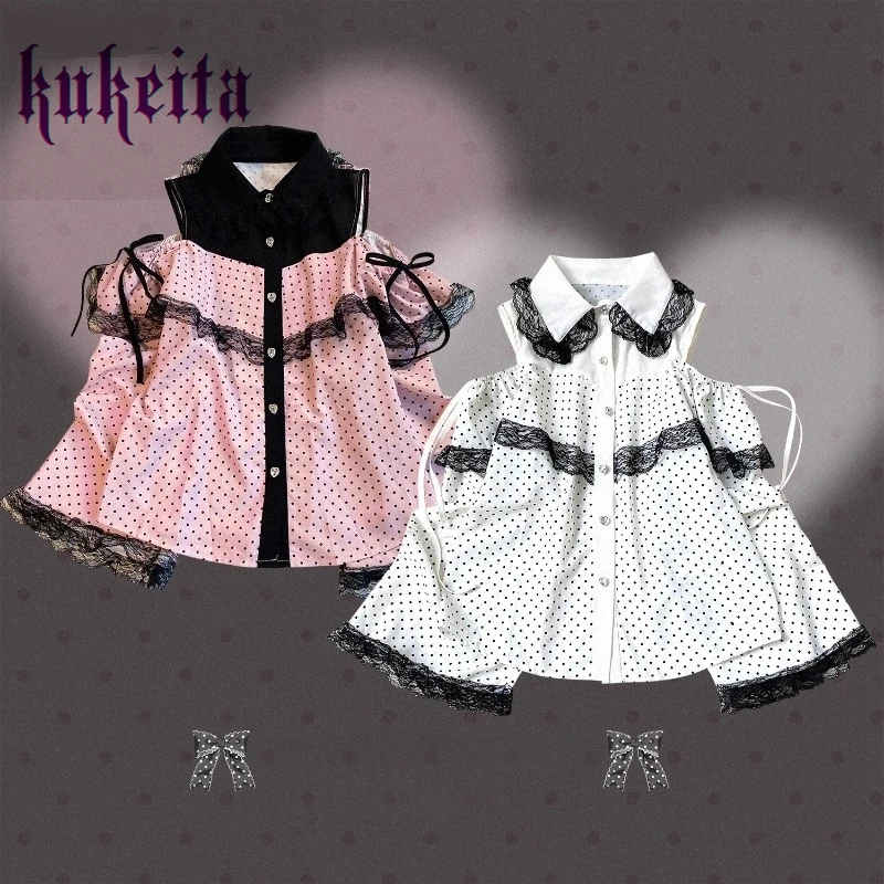 

Женская блузка Kukeita Harajuku Kawaii Lolita в стиле Y2K: милая готическая рубашка с кружевными вставками и открытыми плечами, повседневный топ