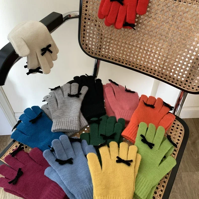 2024 New Cutre Bow Knit Glove for Women Gilrs Winter Chic Warm Knitted Finger Gloves Christmas Thick Warm Gloves