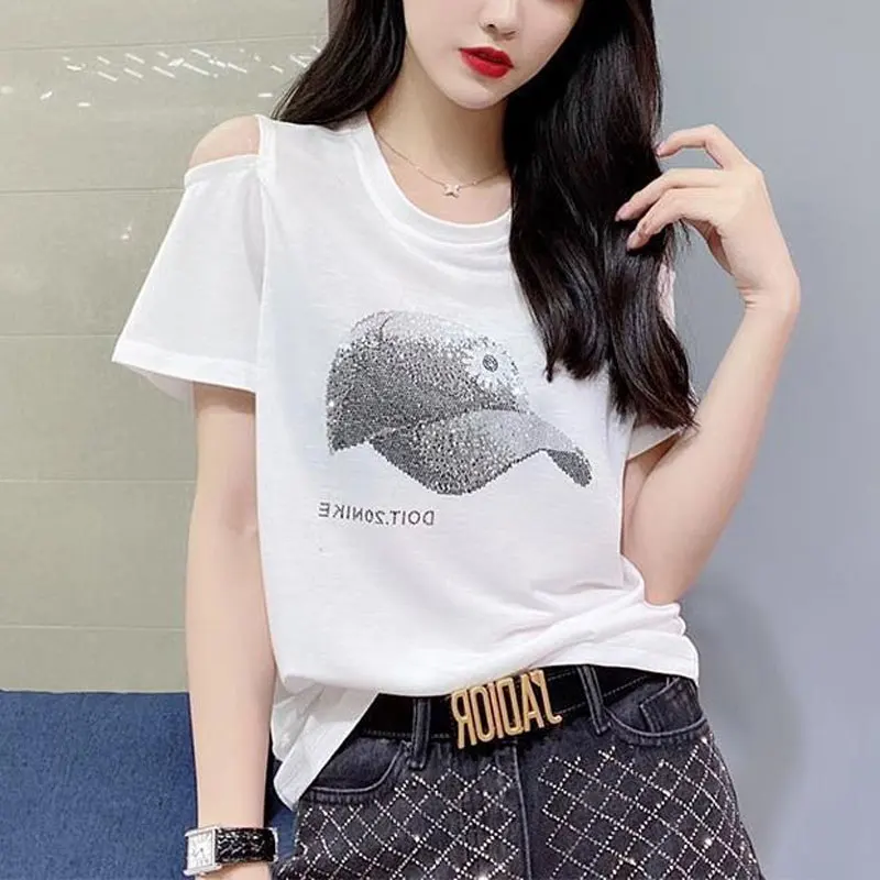 High Street Solid Color T-shirt Female Clothing Chic Diamonds 2023 New Summer Stylish Off Shoulder Casual O-Neck Loose Pullovers