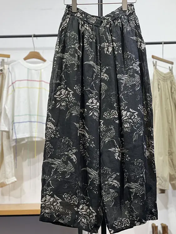 

High-End plus Size Casual Pants Women's Thin Artistic Slimming Versatile Summer High Waist Wide Leg Pants Floral Print
