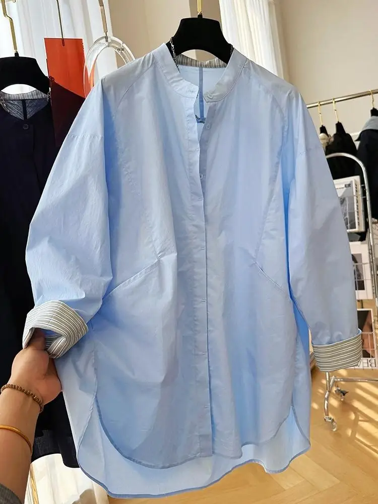 Blusa de mujer 2025 moda Casual suelta contraste manga larga cuello vuelto camisa de mujer Top