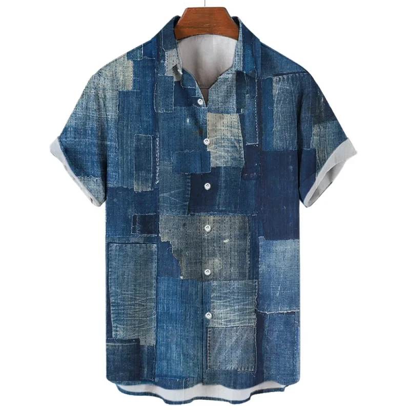 Fashion Patchwork Design Printed Pattern Hawaiian Shirts for Men Short Sleeve Casual Button Down Hawaiian Shirt Blouse Tops