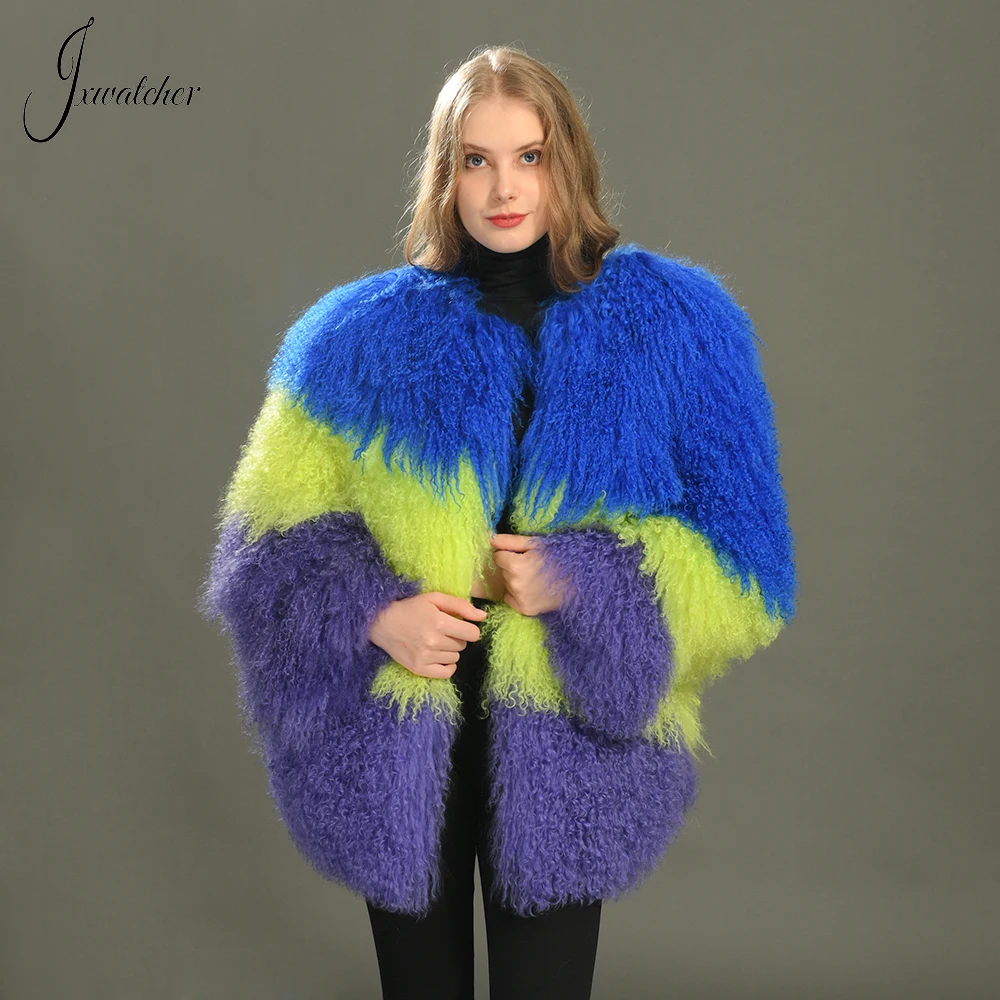 

Jxwatcher Women's Real Mongolian Sheep Fur Coat Ladies Fashion Medium-Length Style Diagonal Stripe Natural Sheep Fur Jacket New