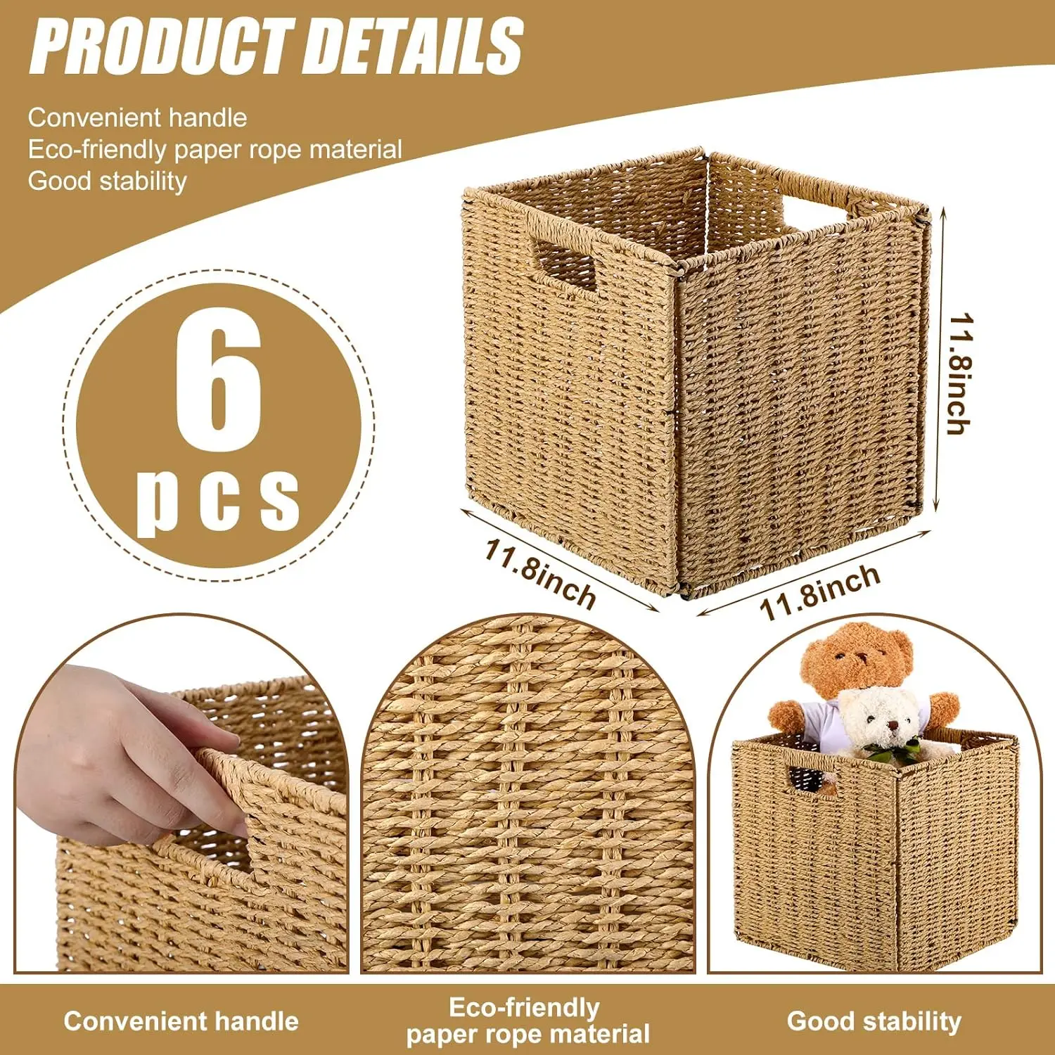 6 Pcs 11.8 x 11.8 x 11.8 Inch Wicker Storage Basket Cubes Large Handwoven Laundry Bedroom Living Room (Brown)