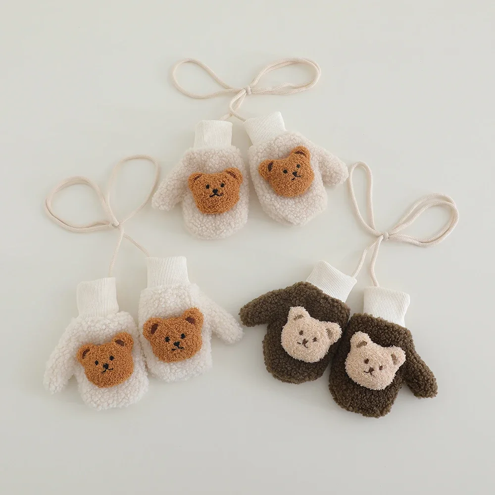 

2-5Y Kids Cute Bear Full Finger Gloves - Winter Lamb Wool Warm Windproof Cold-Proof Outdoor Mittens for Boys & Girls