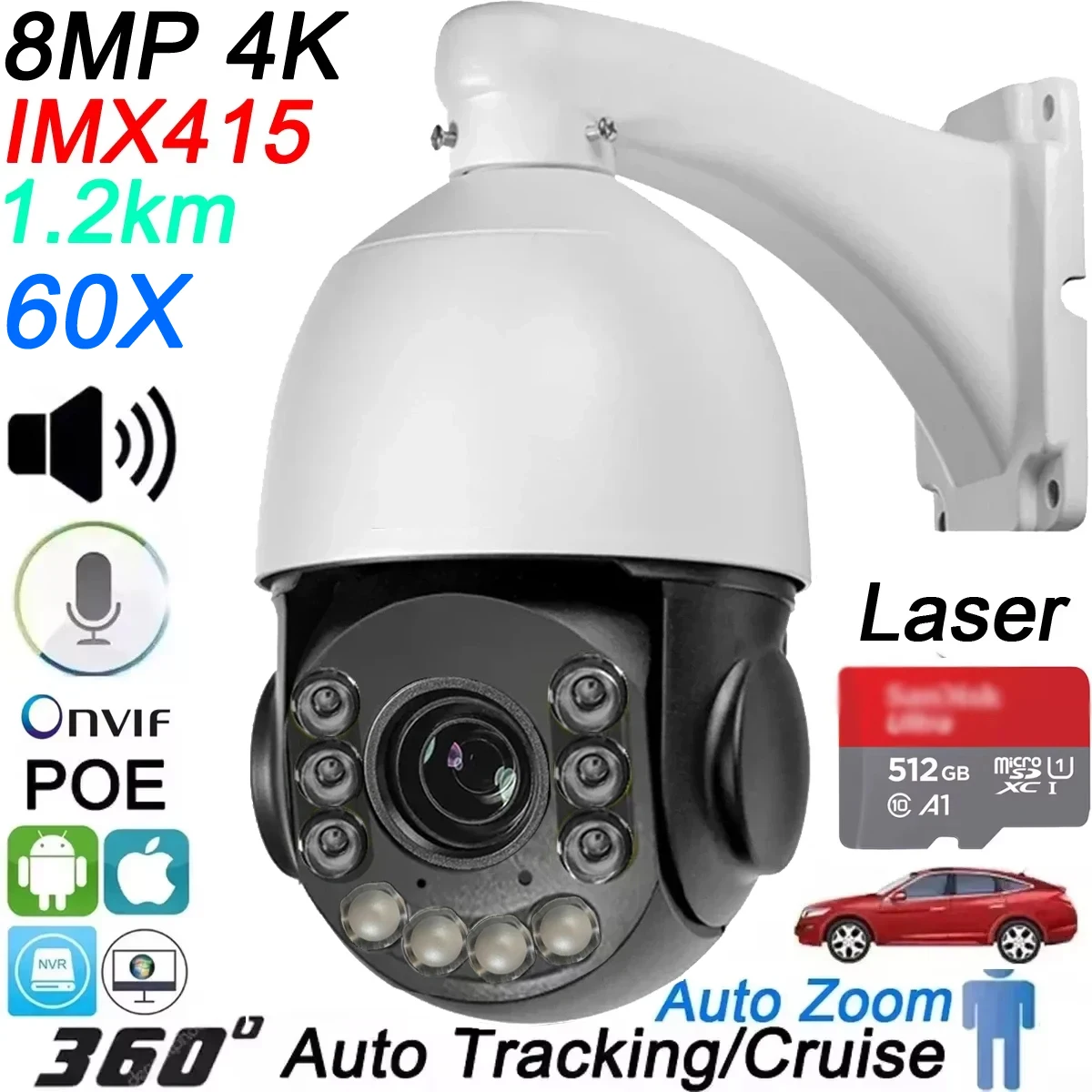 Laser Metal Auto Tracking 8MP 4K 30fps 60X Optical Zoom 360° Audio Outdoor ONVIF POE PTZ Speed Dome Surveillance CCTV Camera