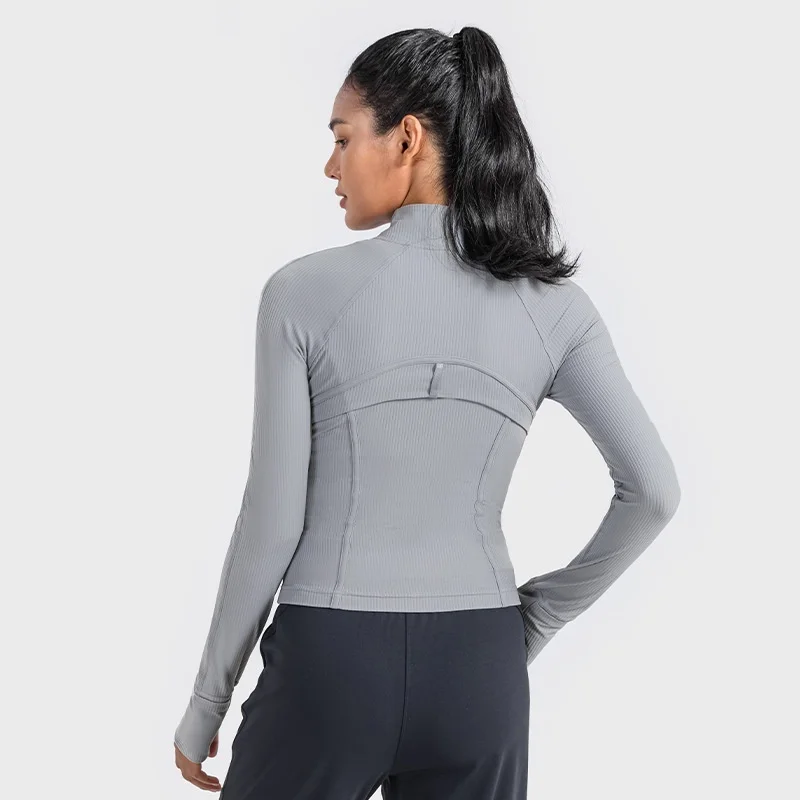 Veste de sport à manches longues avec poche pour femme, manteau de sport, sweat-shirt de course, vêtements d'entraînement, fermeture éclair complète