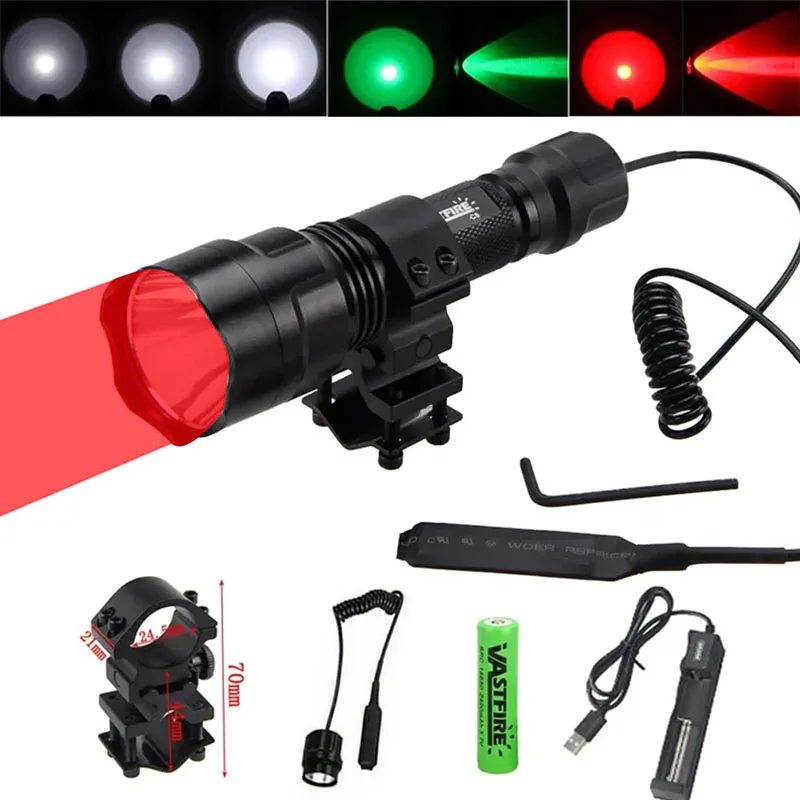 

LED Tactical Flashlight Green/Red/White Portable Hunting Torch Outdoor Waterproof Lantern+18650+Charger +Switch 500-800M Range