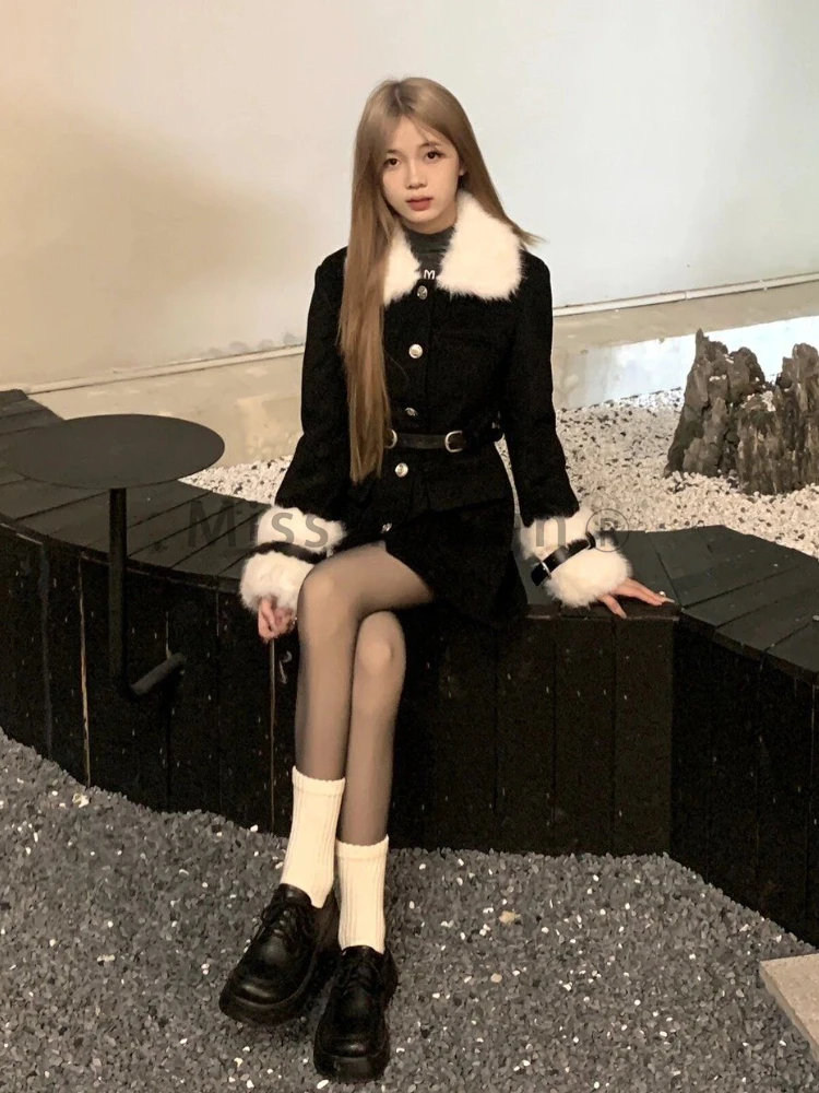 2024 Vintage Elegant Winter New Coat Women Patchwork Y2k Retro Outerwear with Belted Female Korean Fashion Chic Casual Clothes