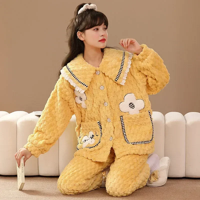 

Home 2023 Pajamas Casual Fashion Loose New Thickened Flannel Suit Winter Autumn Two-piece Nightclothes Wear Warm Women