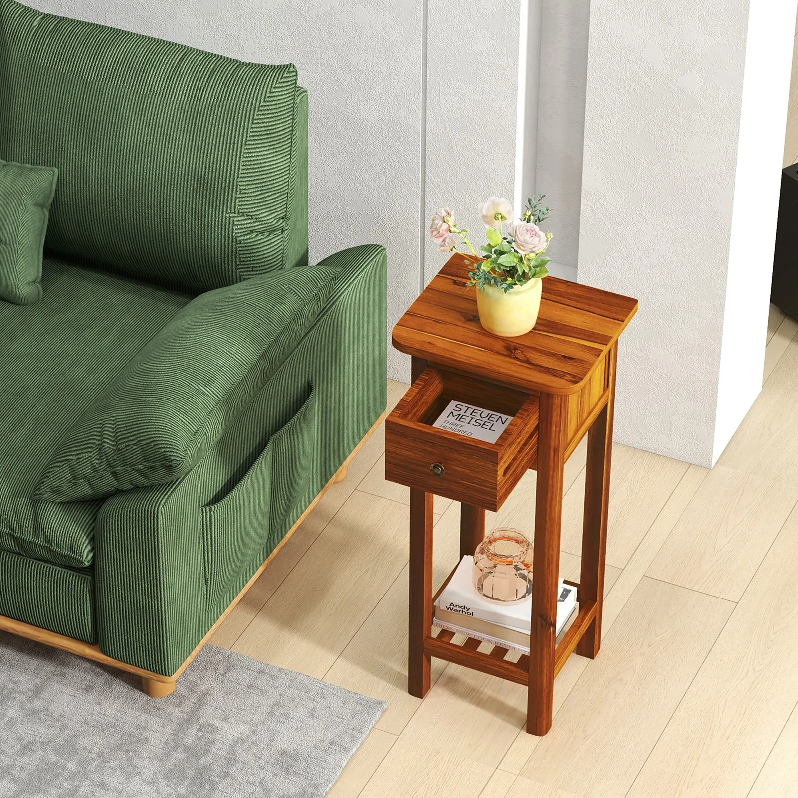 

2 Tier End Bedside Sofa Side Table with Drawer Shelf Acacia Wood Nightstand