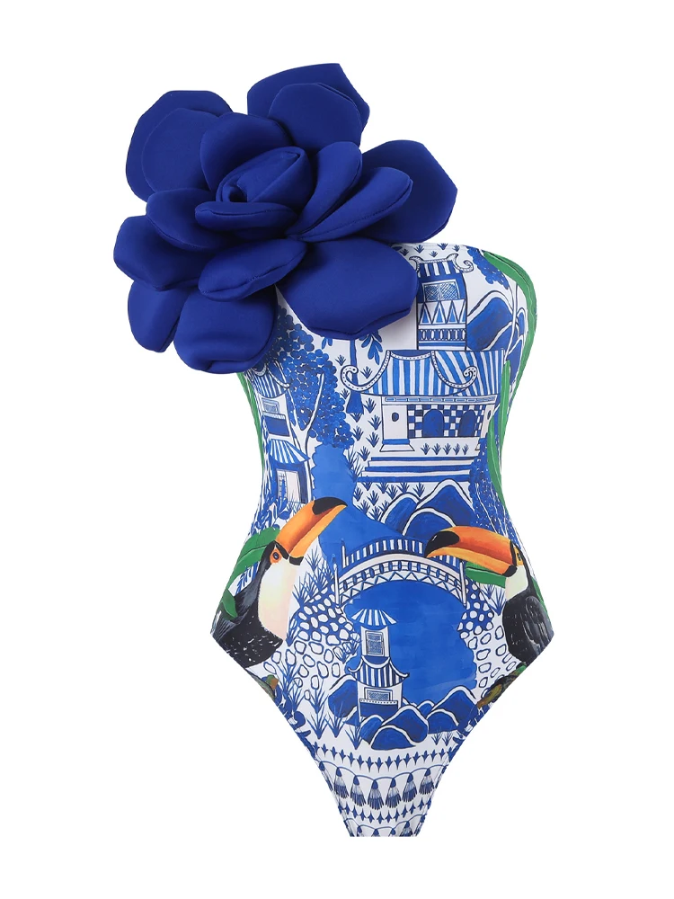 Moda róża czerwony nadruk jednoczęściowy strój kąpielowy Sexy jedno ramię kwiat wysoki stan damski strój kąpielowy okrycie kostium kąpielowy na plażę