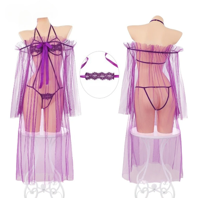 الأرجواني انظر من خلال ثوب النوم الجوف خارج مفتوحة المنشعب بذلة منظور فستان النوم مجموعة مثير Flirtatious ملابس خاصة بيجامة المنزل