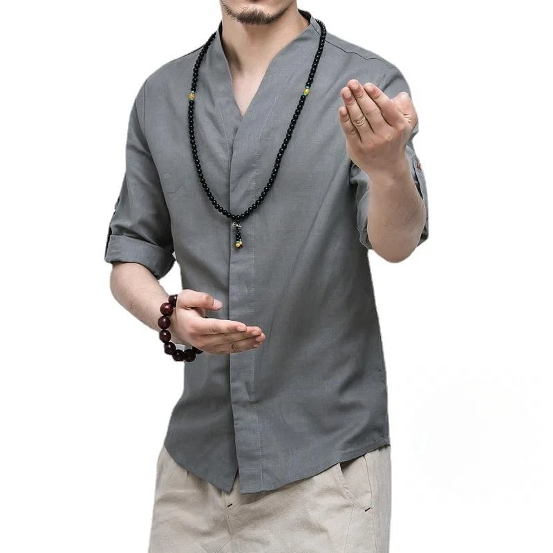 

Men's Spring Summer Cotton Linen irt 7 Inch Sve Wior Collar Special Wide Fit Regular Thin Autumn Season