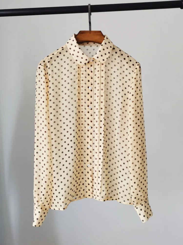 

Birdtree,10MM 100% Real Silk Retro Blouse,Women's Dot Print Lapel Tops,Full Sleeve,Single Breasted,2025 New Casual ShirtT5D409JF