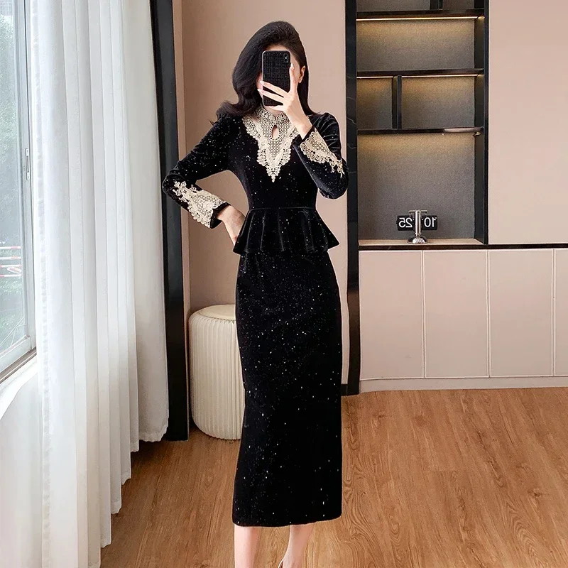 French Style Elegant Velvet Dresses for Women Black Lace Patch Stand Collar Chic Ruffle Fashion Dress Feminine Retro Robe Fall