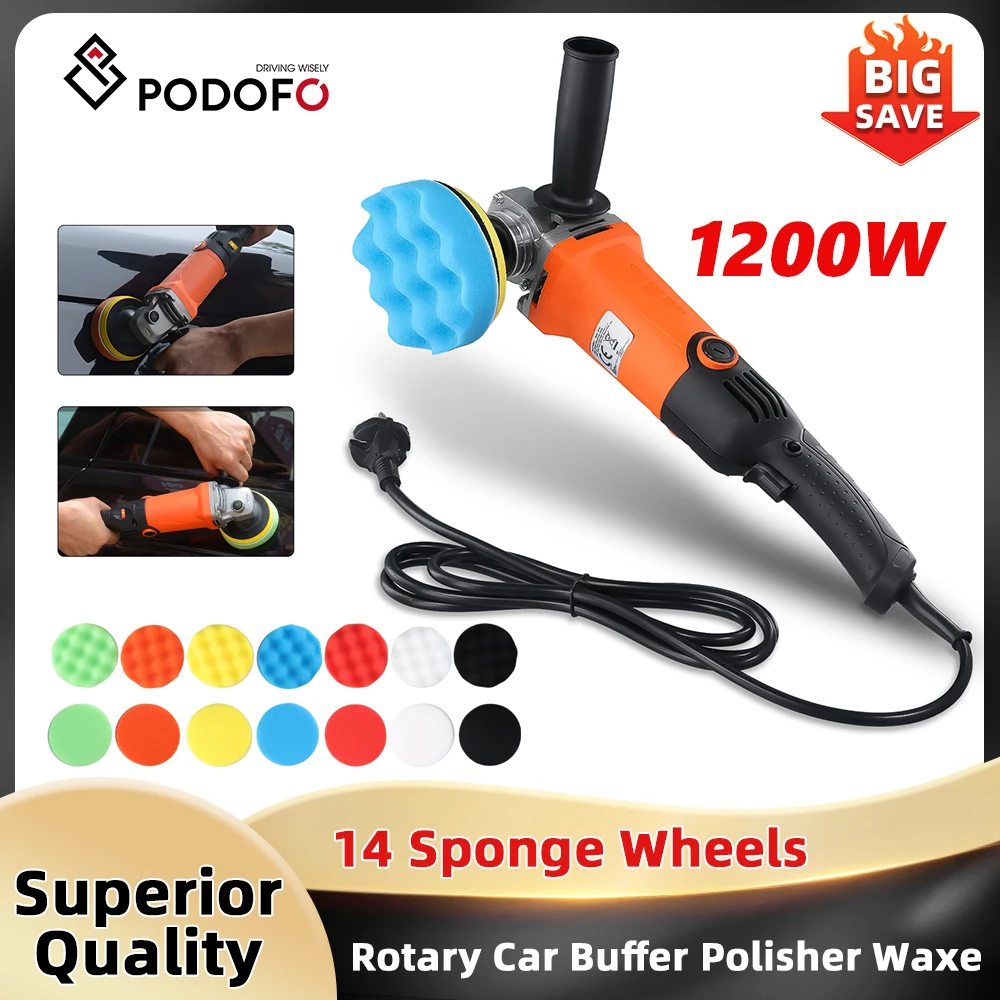 Podofo polisseuse de voiture 8800 tr/min 1200W tampon de voiture rotatif polisseuse cire réglable 6 vitesses polissage et épilation de voiture avec ensemble d'éponges