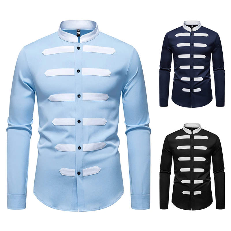 

Men Long Sleeve Shirts Henry Collar Mens Dress Shirts Casual Male Clothes Chemise Combination Colour Hemd Homme Shirt H265
