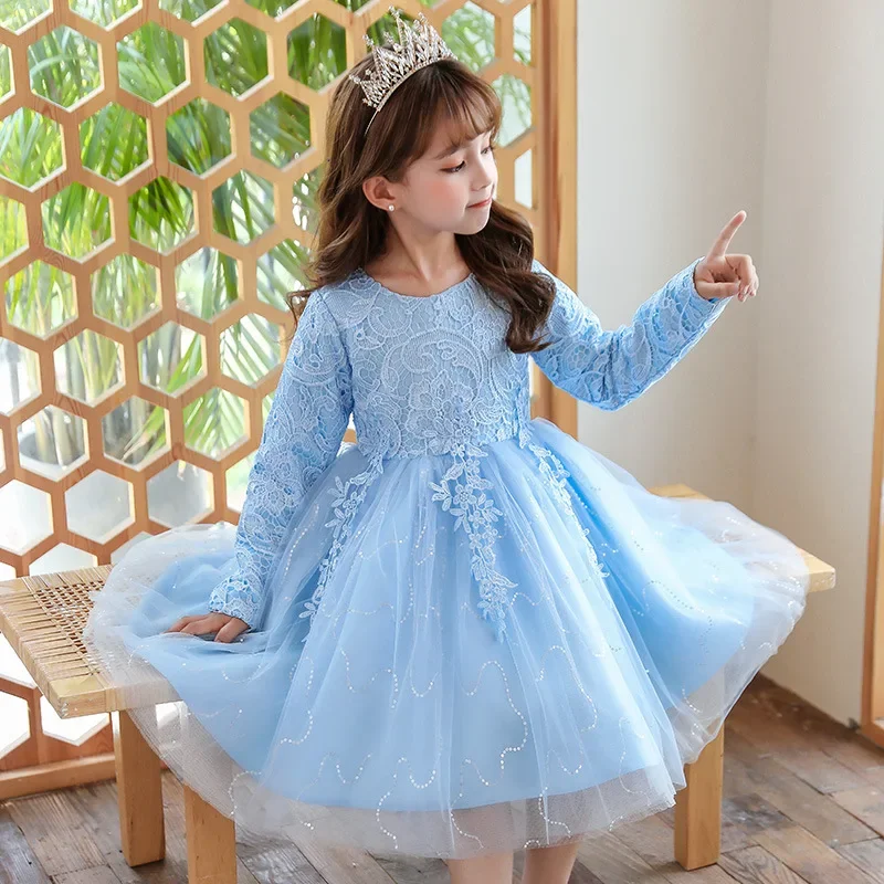 2024 New Baby Kids Dresses For Girls Birthday Party Long Sleeve Dress Gown Girl Mesh Print Princess Children Wedding Dress 10Y