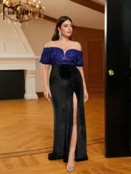 Missord New Plus Size Off Shoulder Panel Black Sequin Split Prom Evening Floor Length Dress