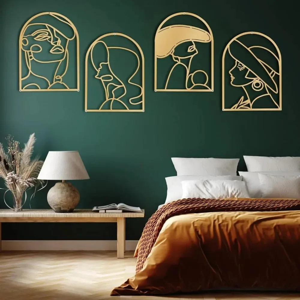 4Pcs Gold Metal Women Wall Art Modern Home Decor Elegant Living Bedroom Silhouette Halloween Christmas New Year