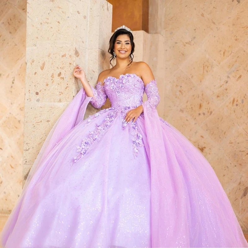 

Lavender Shiny Off The Shoulder Beading Crystal Quincenara Dresses Ball Gown Appliques Lace Sweet 15 Vestidos De XV Años