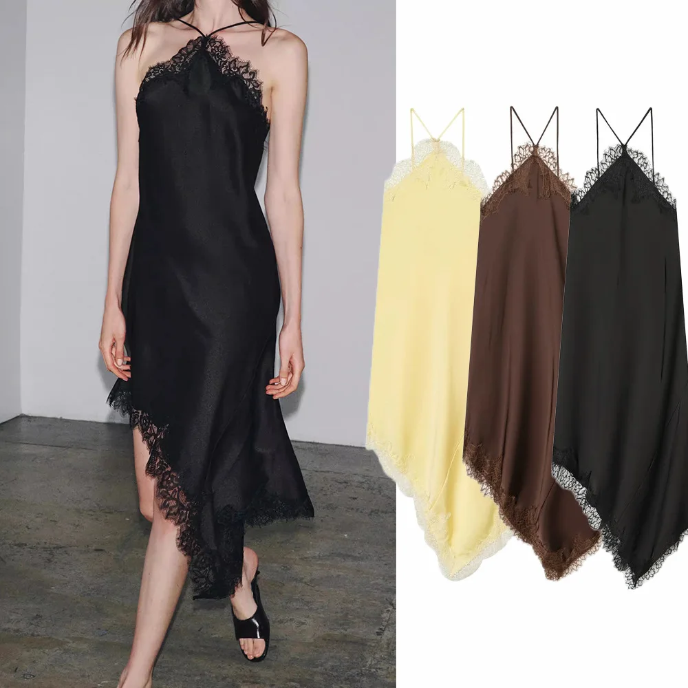 PRINTKAOIR Sexy Spitze Gespleißt Sling Kleid Für Frauen Elegante Ärmellose Backless Unregelmäßige Saum Kleid Dame Chic Urlaub Party Tragen