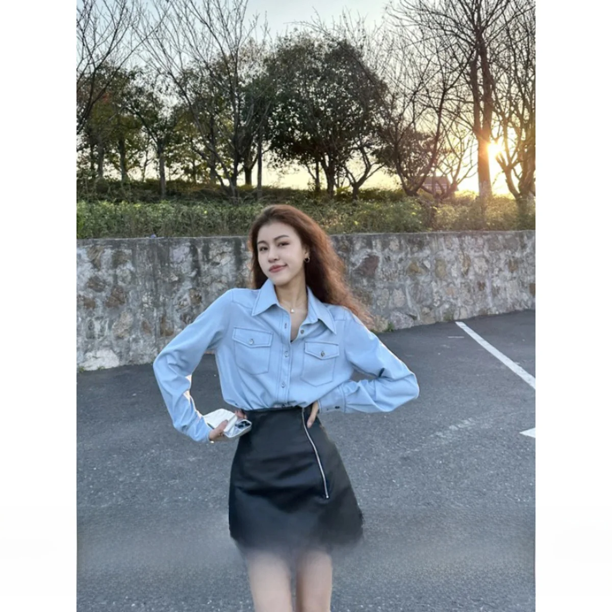 

Zhang a Xing High Waist Zipper Loose Fit irt And Skirt Set Casual Commute Turn-down Collar Bla f Skirt Faionable Wom...