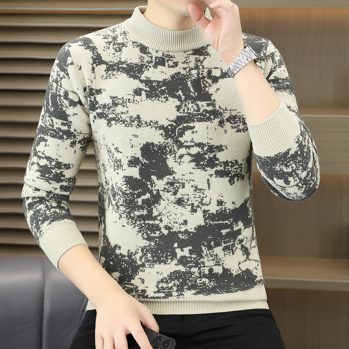 

Камуфляжный вязаный свитер, мужской повседневный деловой свитер с длинным рукавом, теплый пуловер с круглым вырезом, свитер в стиле Харадзюку