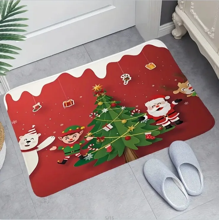 Christmas Theme Door Mat With Santa Claus Snowman Christmas Tree Patterns Soft Decorative Entryway Rug For Xmas Season Decor