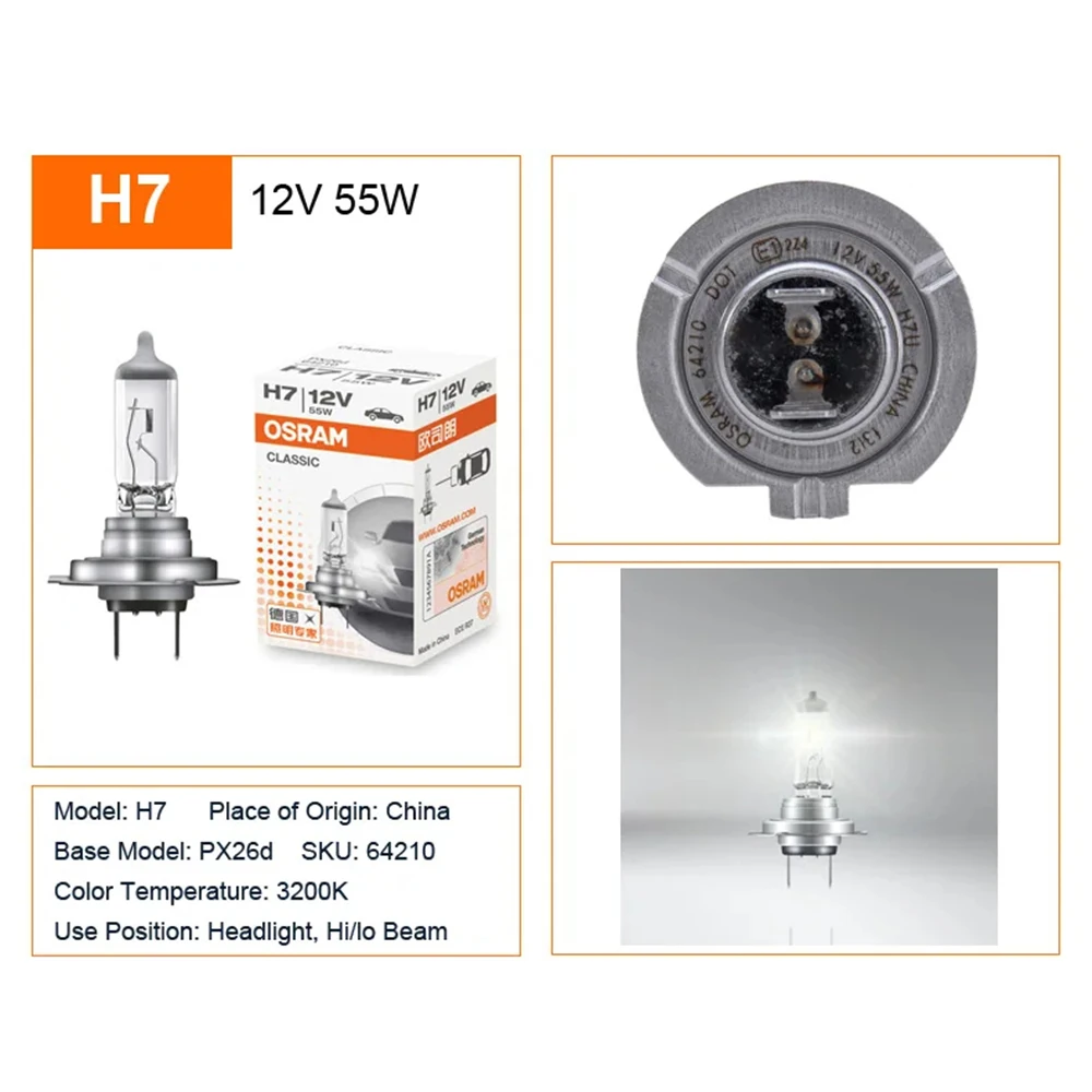 OSRAM CLASSIC H7 64210 PX26d Standard Lamp Headlight 12V 55W 1500lm 3200K White Light Original Hi/lo Beam Car Halogen Bulb