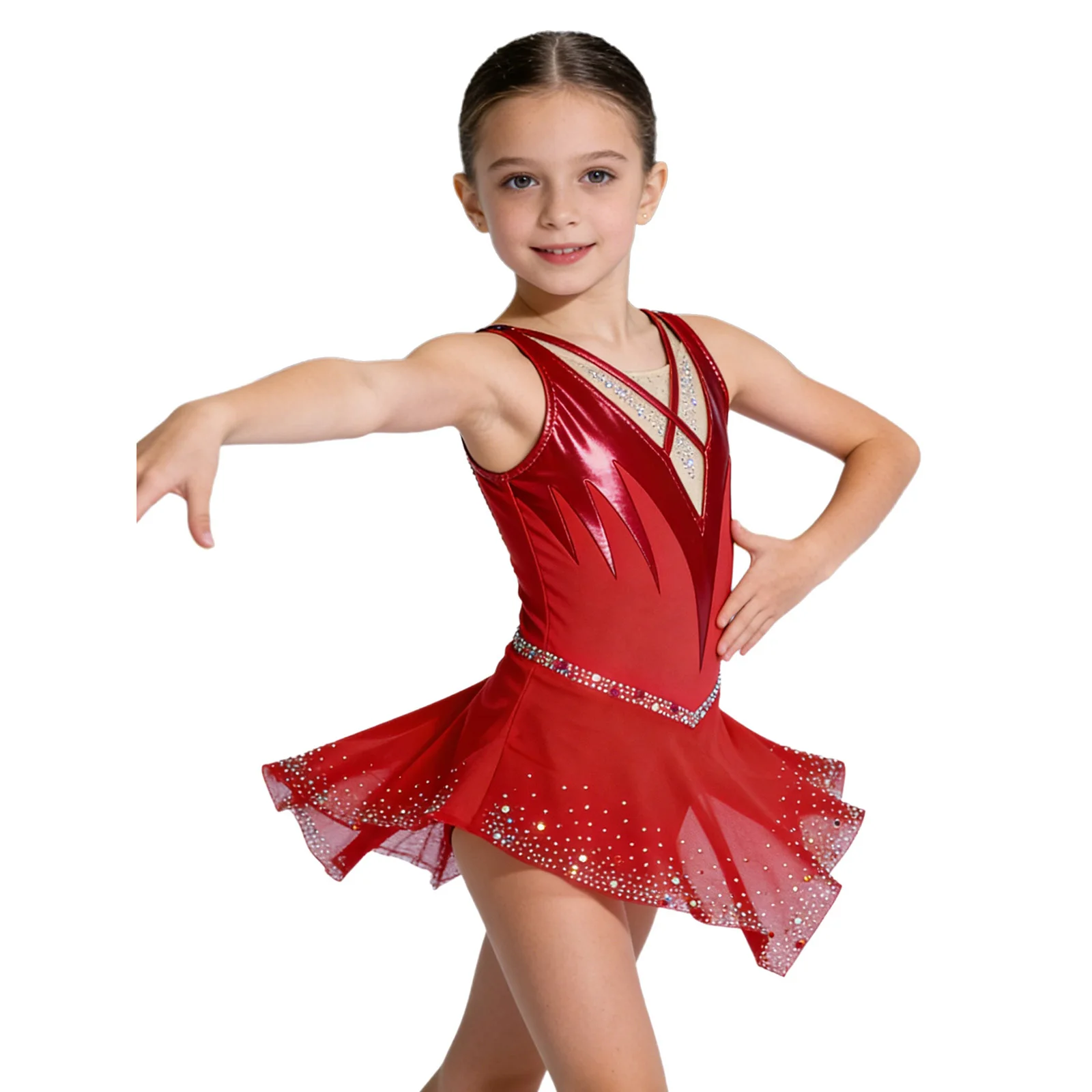 Kids Girls Gymnastics Figure Skating Clothes Metallic Shiny Rhinestone Sheer Mesh Dance Leotard Dress for Ballet Acrobatics