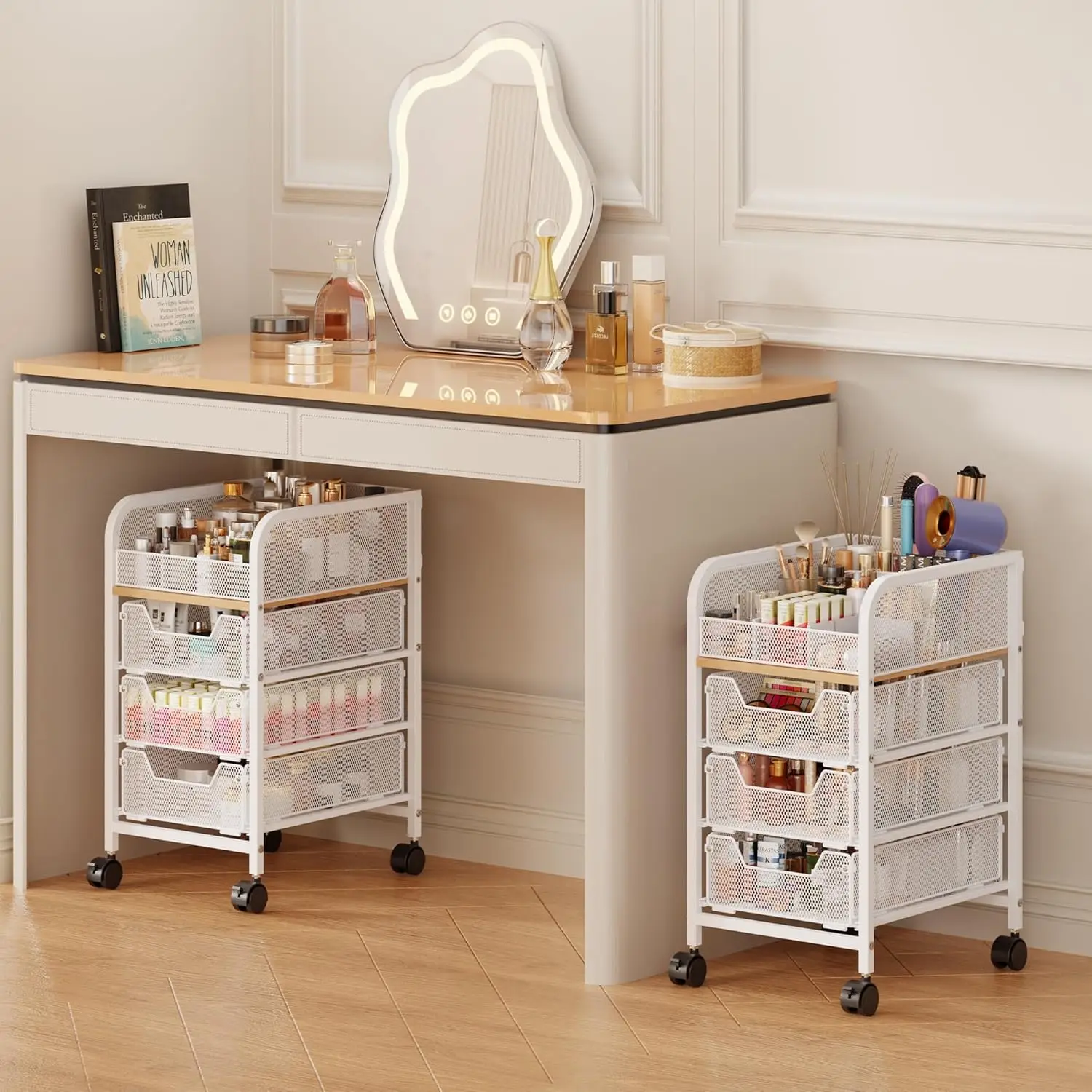 

Rolling 4-Tier Narrow Floor Makeup Cart Organizer with 3 Drawers - Vanity Organizer for Makeup Brush, Hair Tool, White