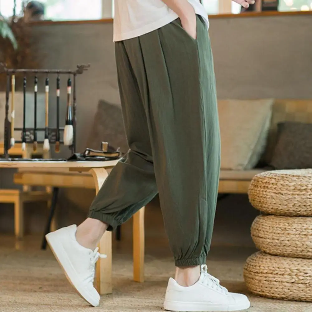 

Men Harem Pants Elastic Waist Solid Drawstring Ankle-banded Pockets Daily Wear Pleated Ninth Pants Summer Trousers Male Clothes