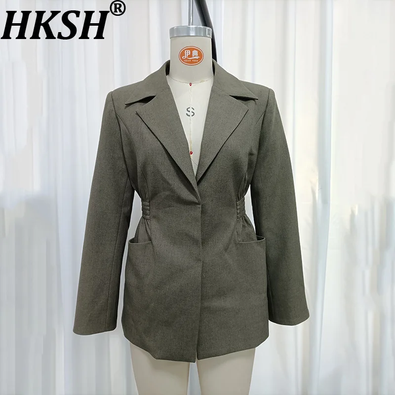 HKSH Women Blazer Elegant Lace-Up Waist Cinching Fashion High-End Slim Fit Solid Color Casual Chic Long Sleeve Suit-Coat HK28180