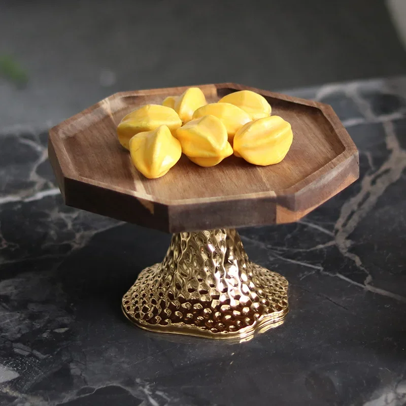 Chinese Luxury Solid Wood Hexagonal Fruit Bowl Ornaments Hotel Villa Bakery Dessert Cake Display Plate Home Decoration Ornaments