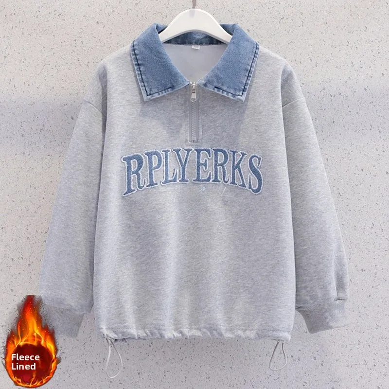 

Утепленная флисовая толстовка с вышитым воротником для женщин, осенне-зимняя новинка, укороченный джинсовый топ с воротником