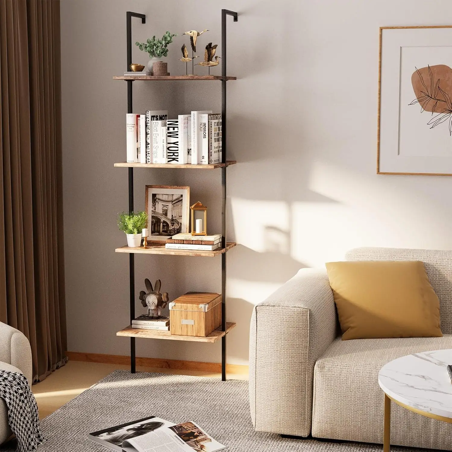 Ladder Shelf 4 Tiers    Industrial Bookshelf,Brown Wood Tall Open Storage Rack and Display Shelves,Wall Mount Wide Book