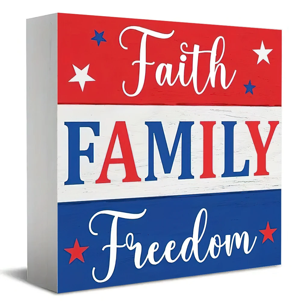 1 Independence Day July 4th Faith Family Freedom Red Blue Star Wooden Box Decor, Home Living Room Table Party Decoration