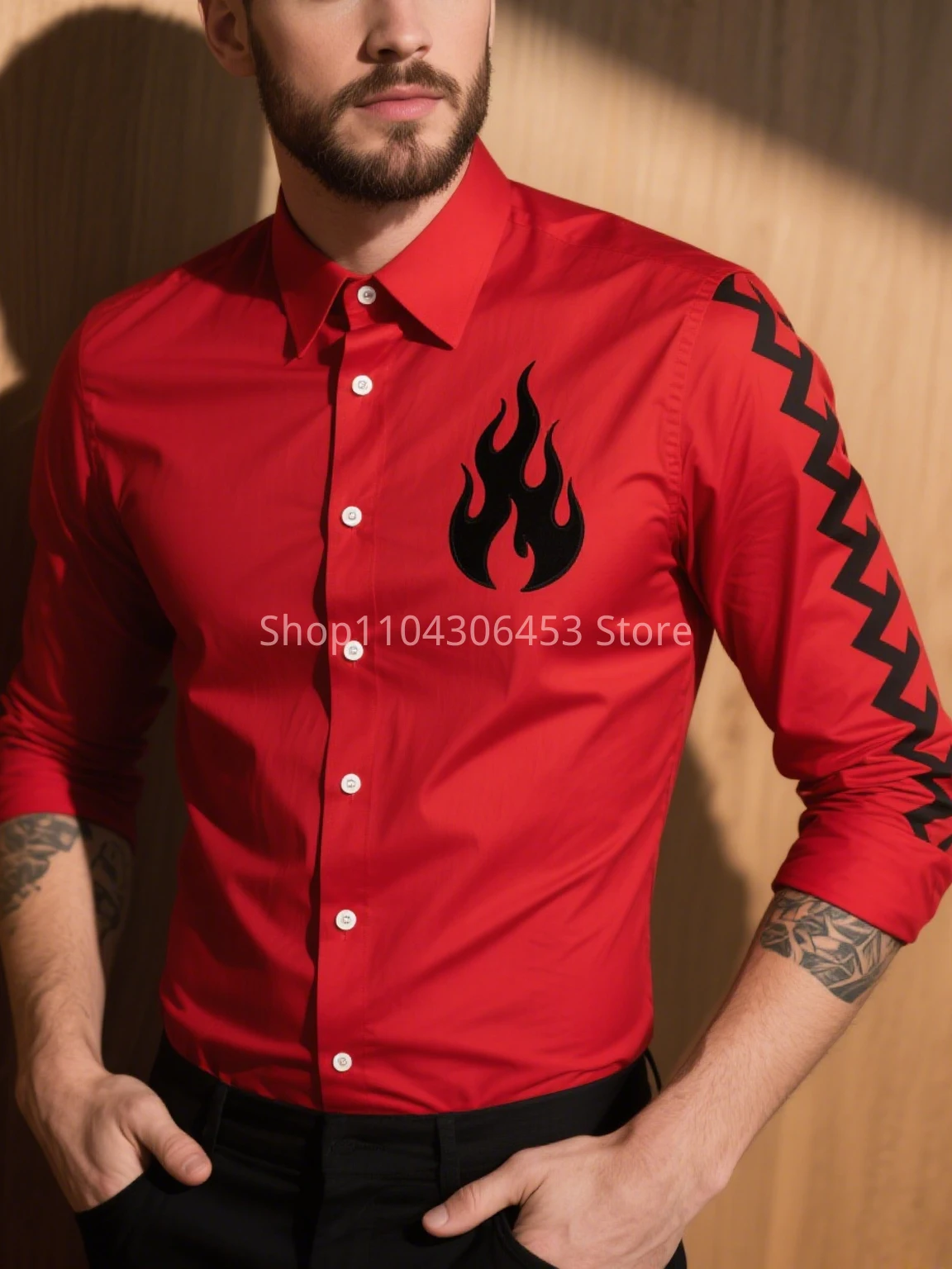 

Original Design Passionate Flame 3D Printed Shirt Solid Color Long Sleeve Lapel Business Casual Shirt Hawaii Beach Vacation Top