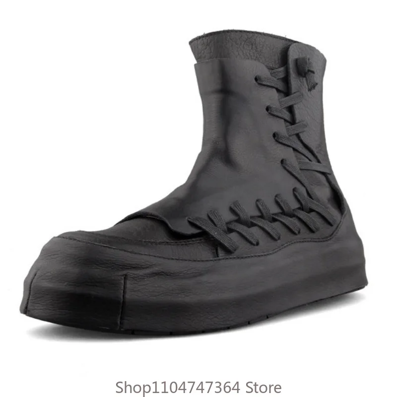 Retro Design Genuine Leather Casual Ankle Boots Men's Thick Sole Platform High Top Shoes Male Outdoor Motorcycle Chelsea Boots